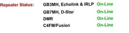 Repeater Status: 	GB3MH, Echolink & IRLP 	On-Line					GB7MH, D-Star 			On-Line DMR 				On-Line C4FM/Fusion 			On-Line